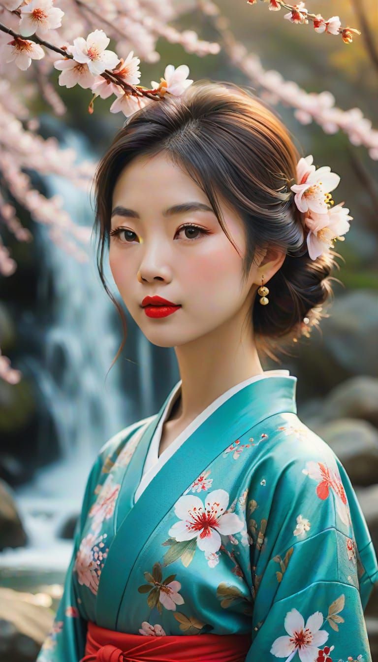 Impressionist Japanese Woman in Teal Kimono Under Cherry Blo...