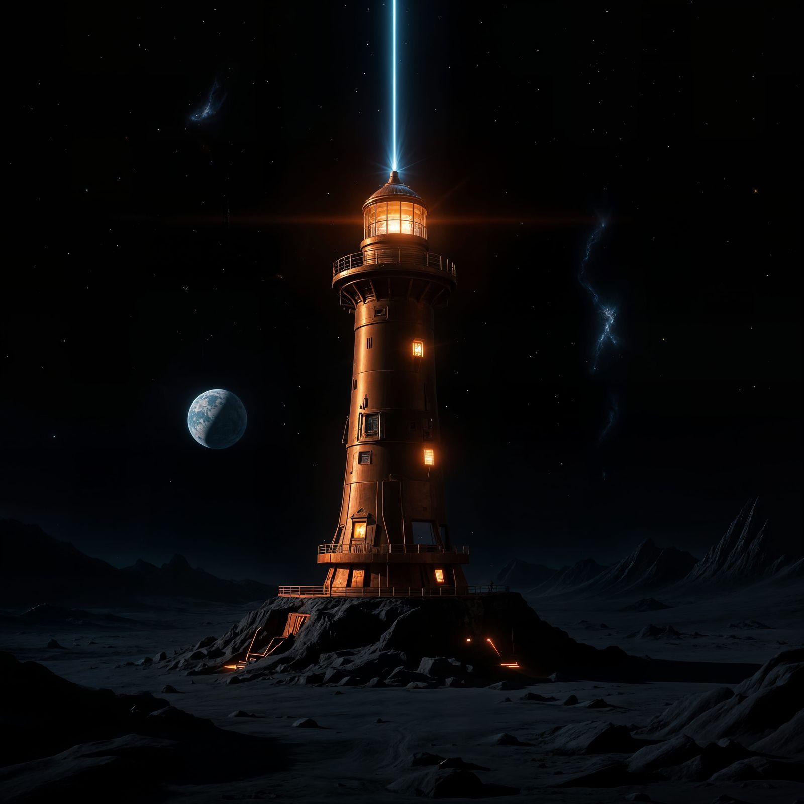 Futuristic Copper Lighthouse on the Moon Guiding Spacecraft