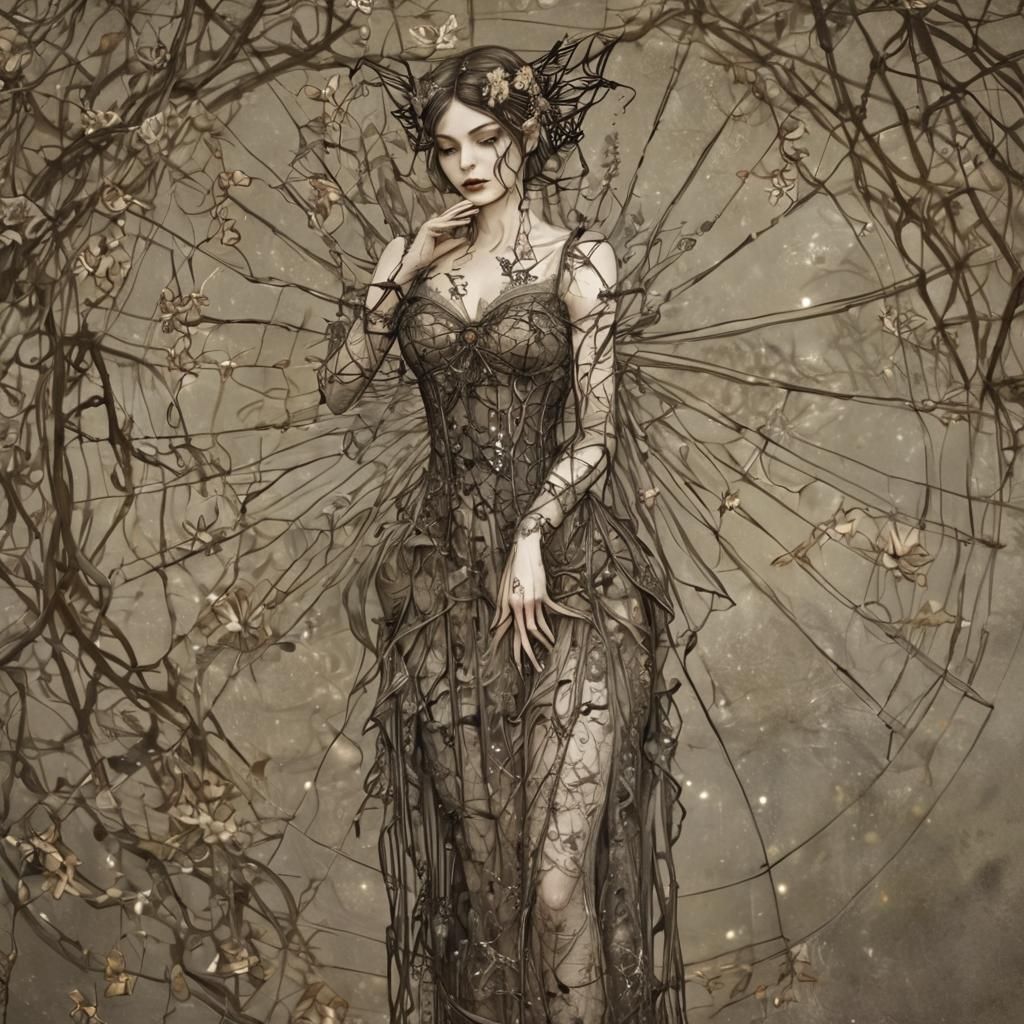 Gothic Fairy in Spiderweb Dress: Dark Fantasy Art