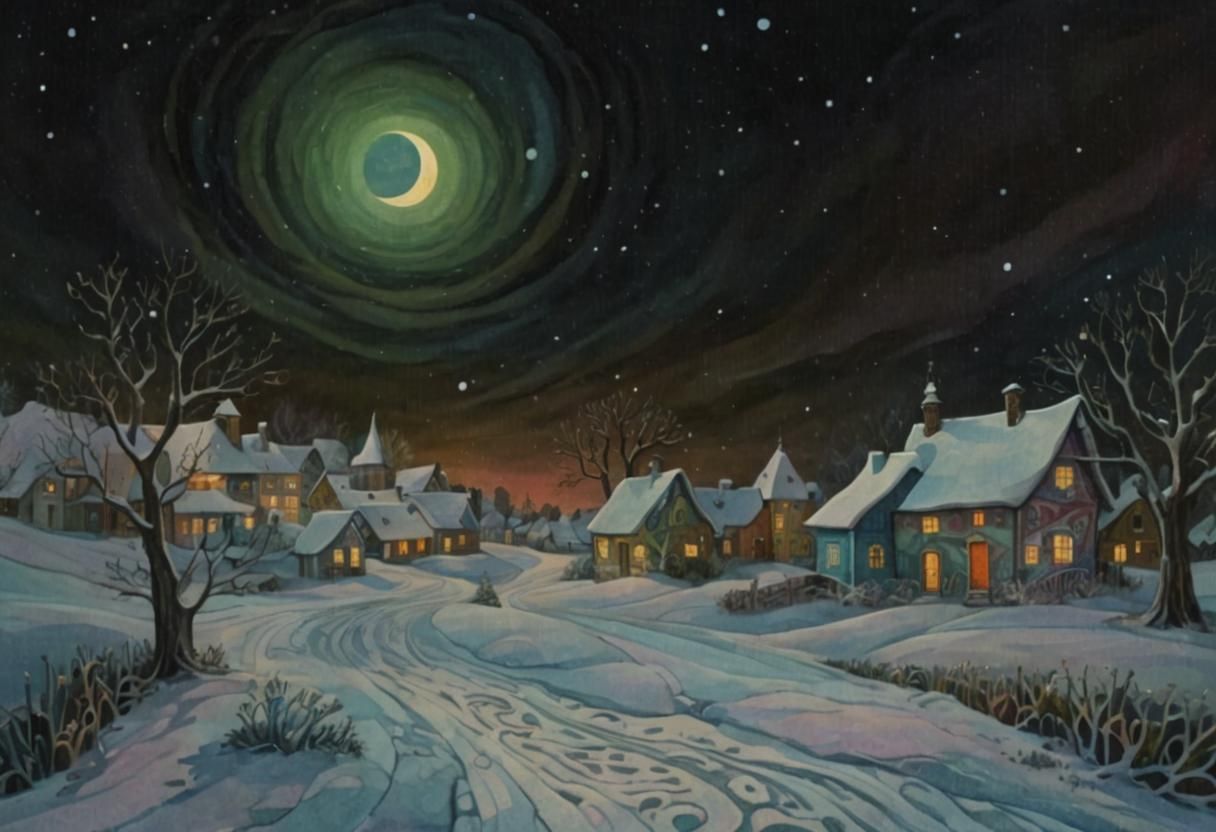 Vibrant Abstract Winter Village in Gouache Watercolor