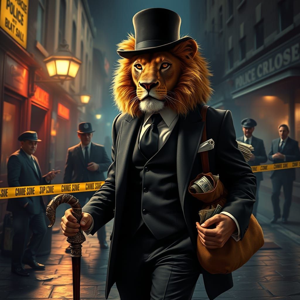 Debonair Lion Strides Past Crime Scene in Gritty Noir Style