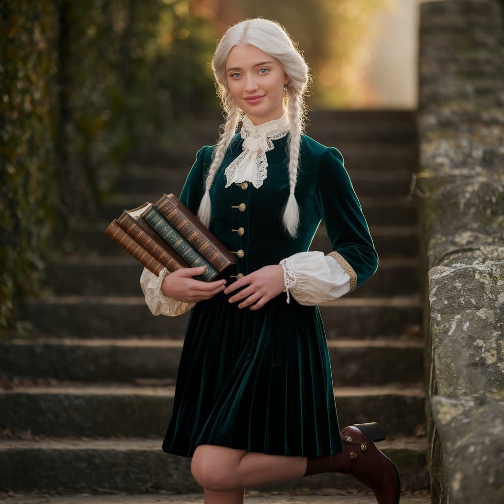 Young Woman in Velvet Uniform with Antique Books