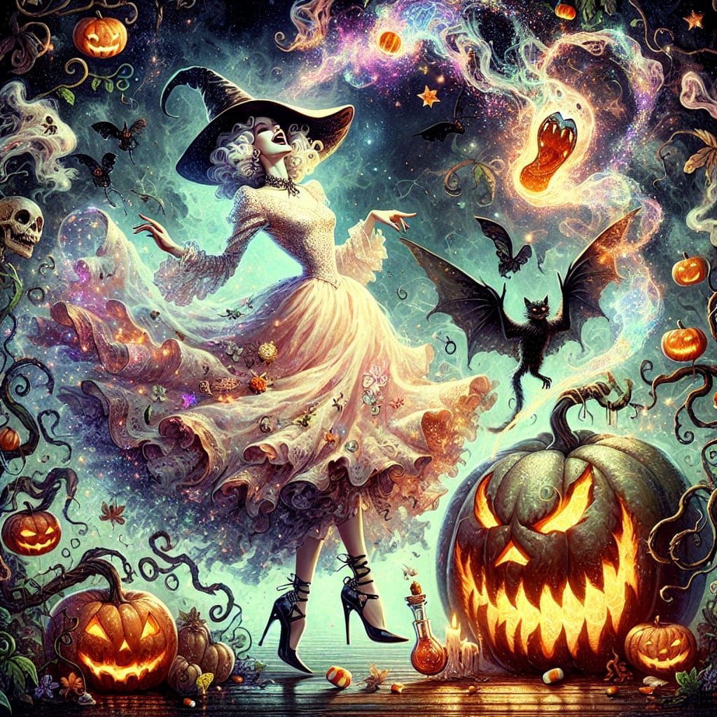 Whimsical Halloween Witch on Pumpkin in Impasto Style