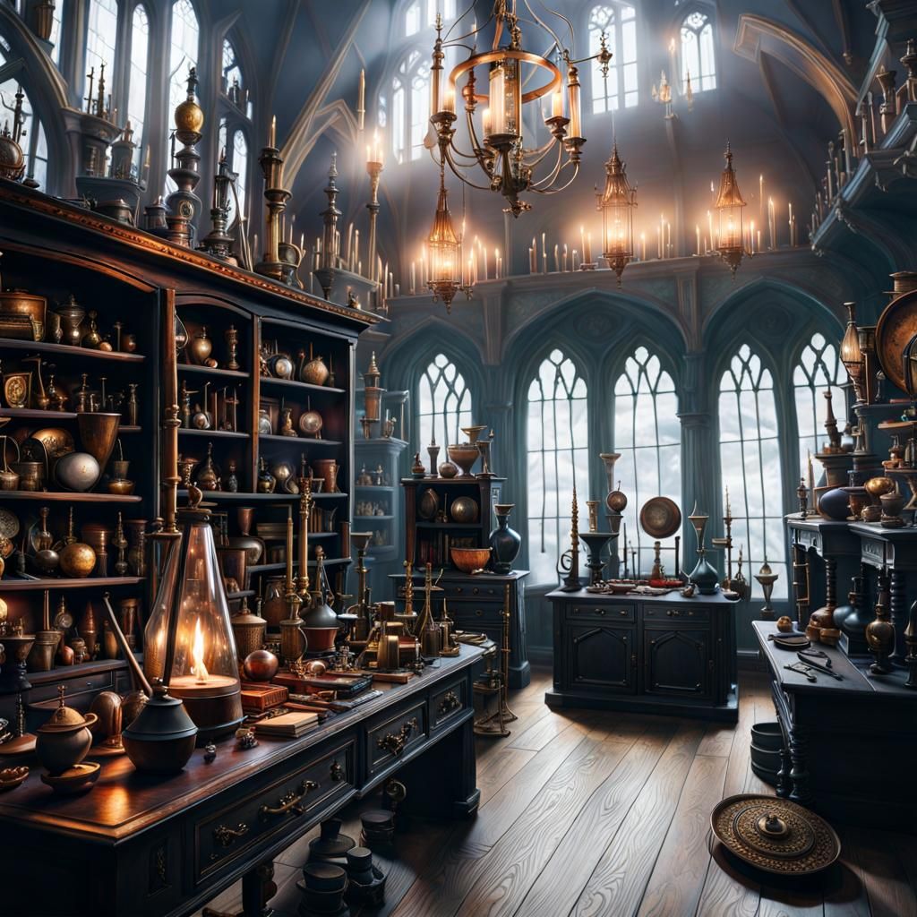 Cluttered Wizard's Room with Magical Tools
