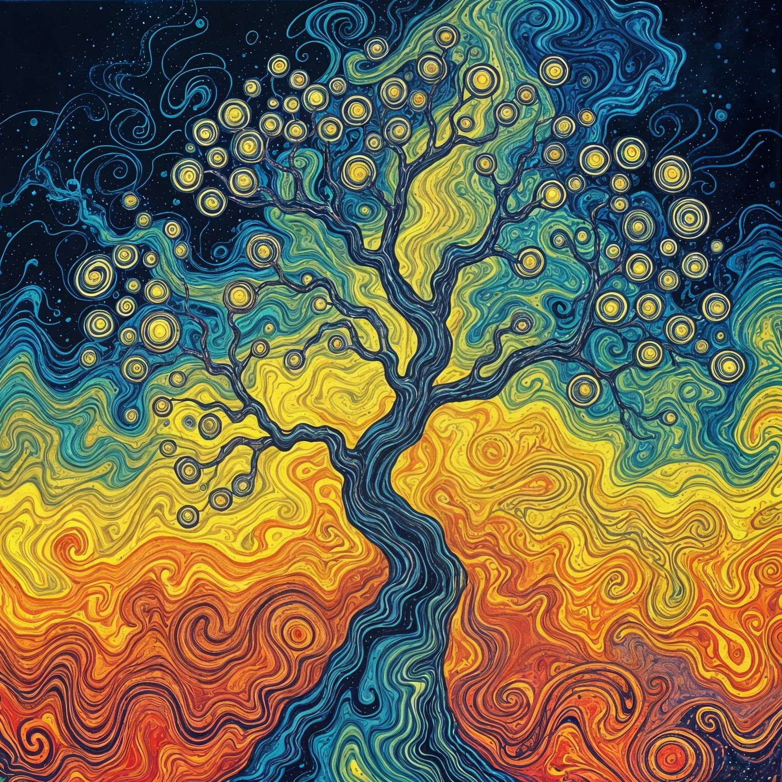 Vibrant Tree Hallucination in Impasto Swirling Patterns