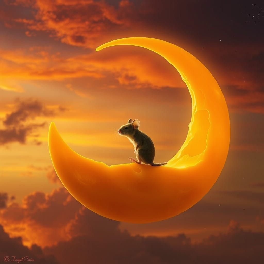 Cute Mouse on Giant Cheese Moon in Fiery Sky