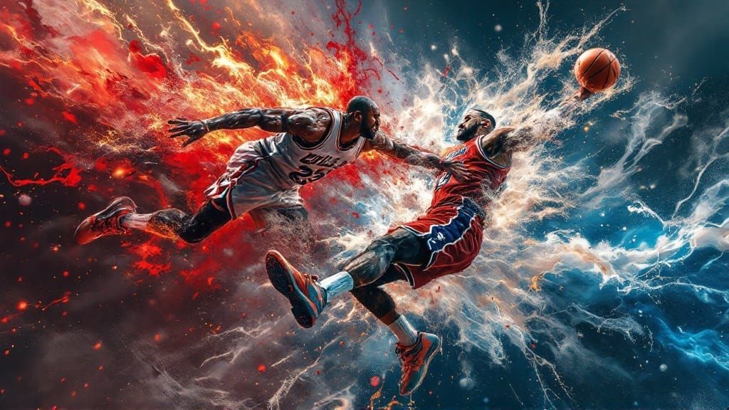 Intense Basketball Rivalry: Photorealistic NBA Legends