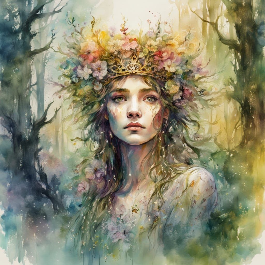 Ethereal Forest Princess in Vibrant Watercolor