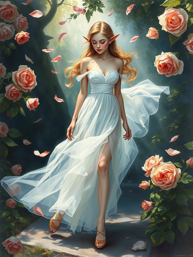 Elven Princess in Rose Garden: Fantasy Art