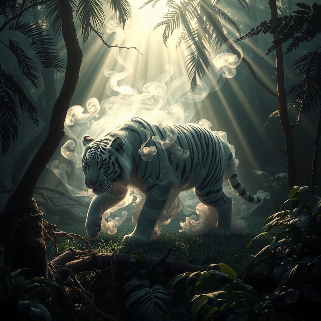 Ethereal Smoke Tiger in Jungle, Surreal Digital Art