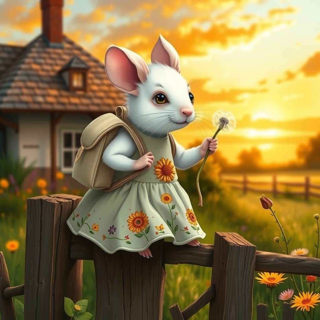Mouse with Dandelion Flower in Storybook Style