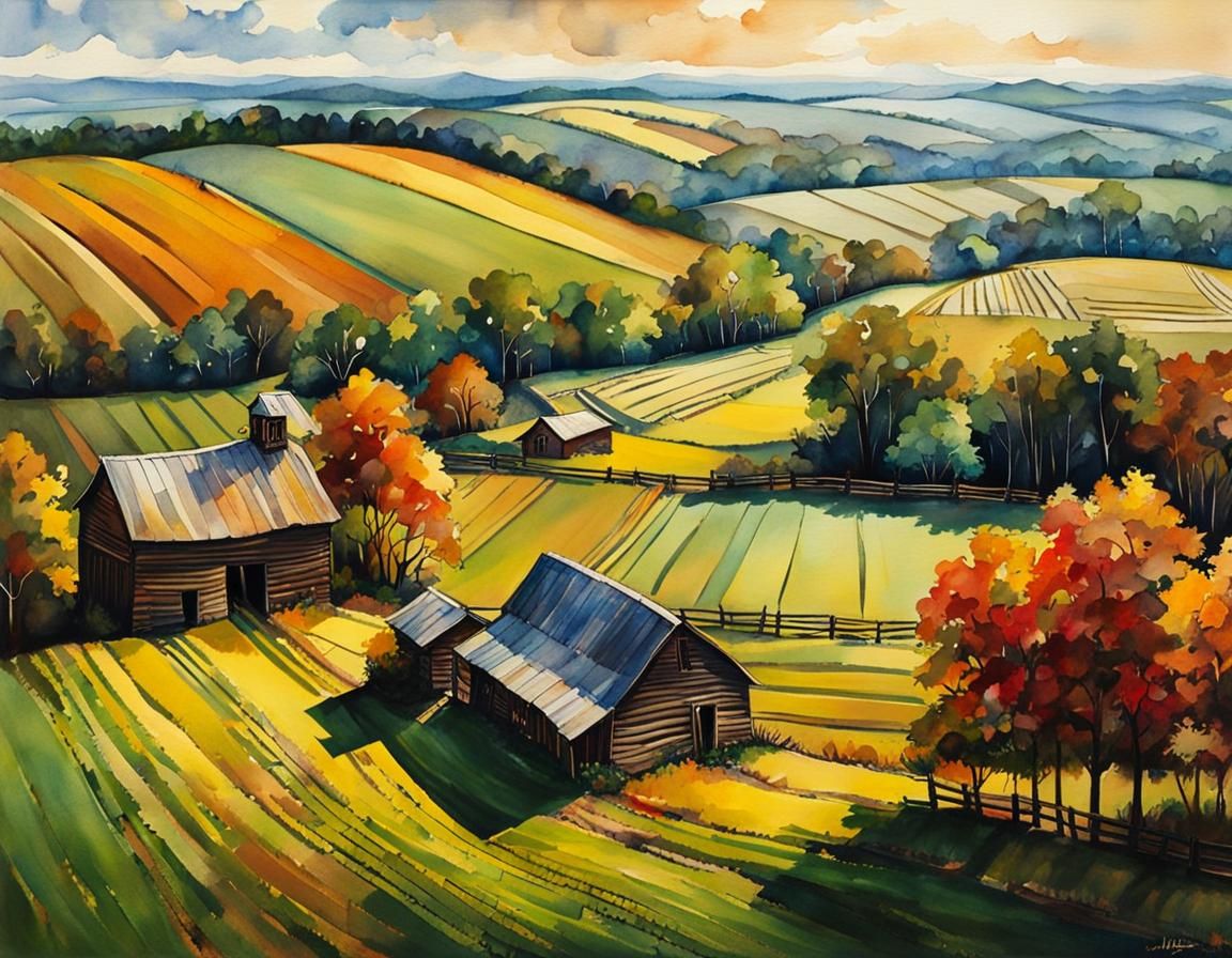 Aerial Panorama of Checkered Fields in Watercolour Style