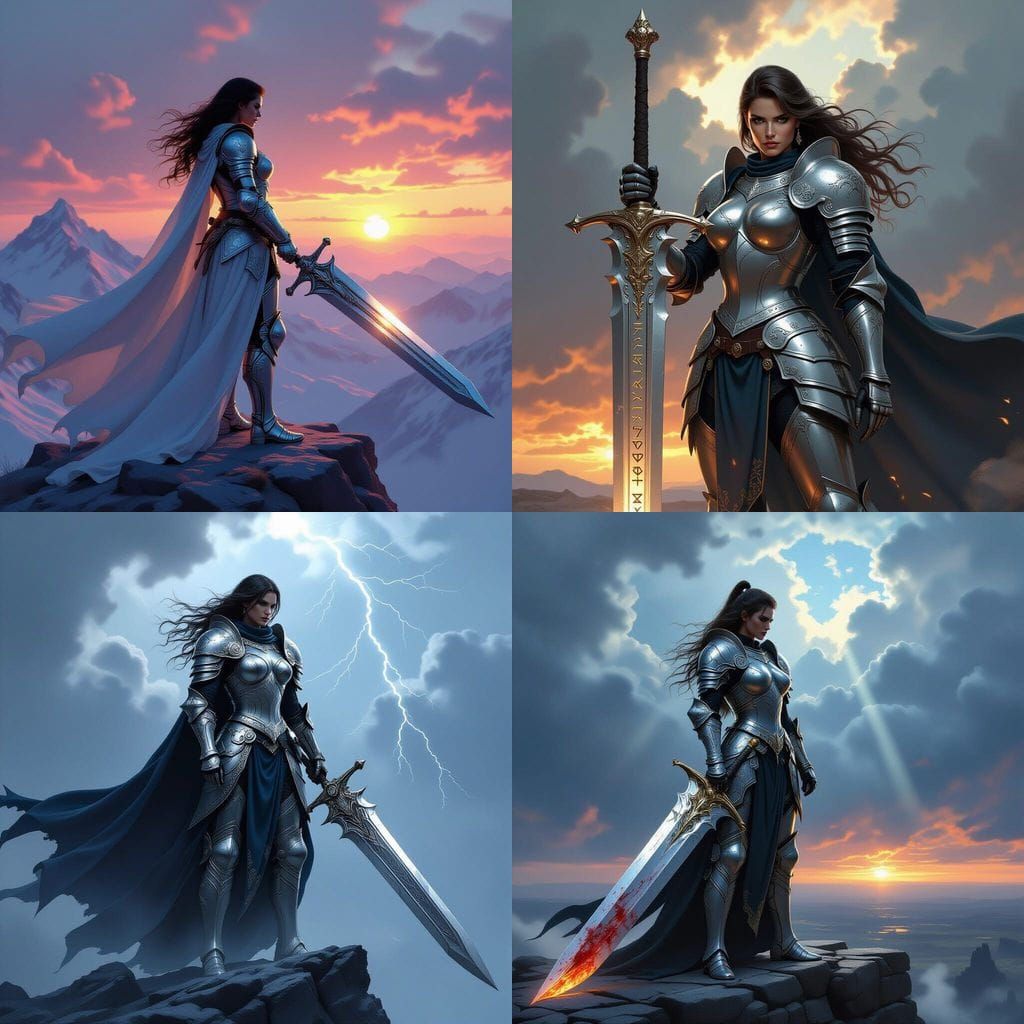 Female Knight in Silver Armor with Gigantic Sword