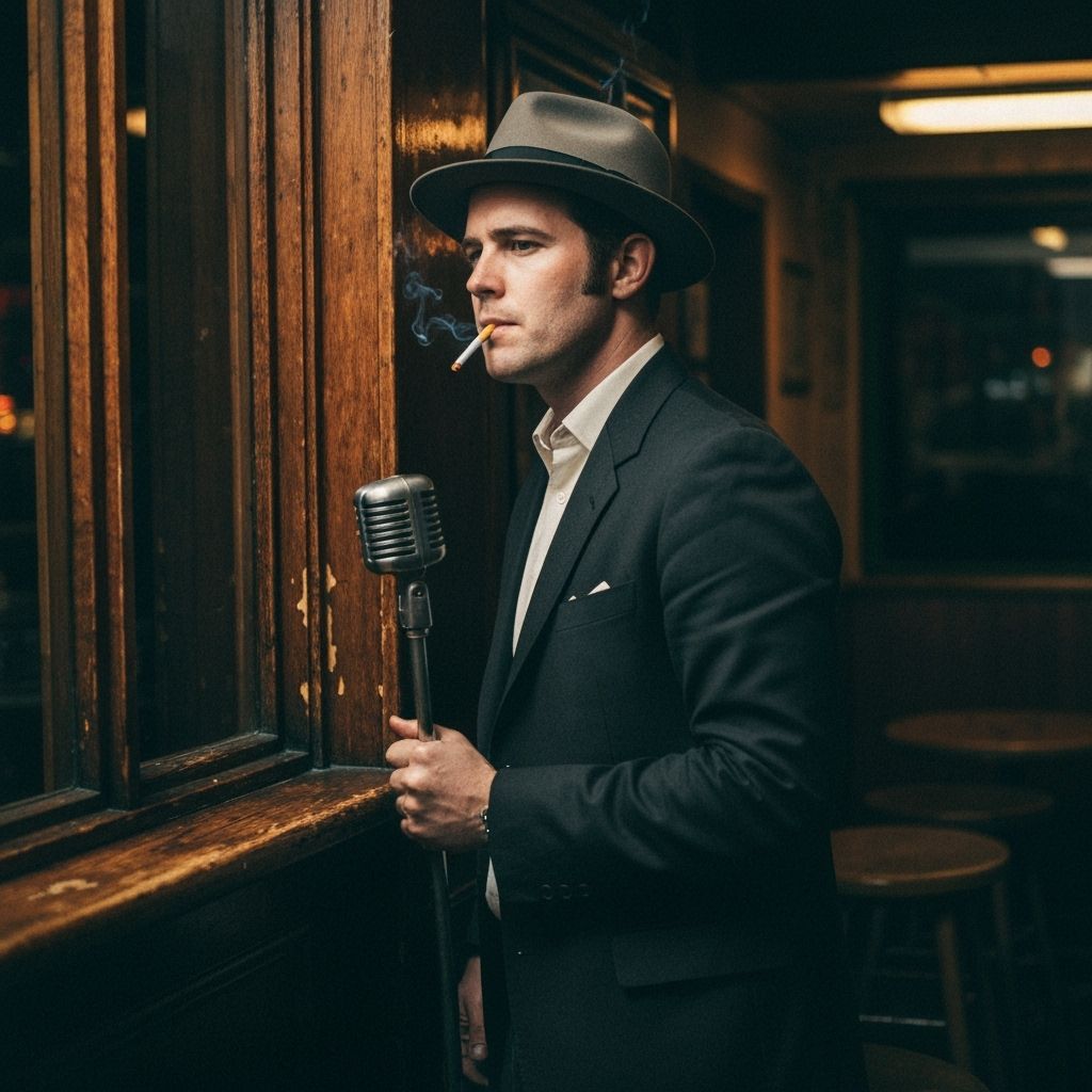 Gritty 1960s Musician in Dimly Lit Bar