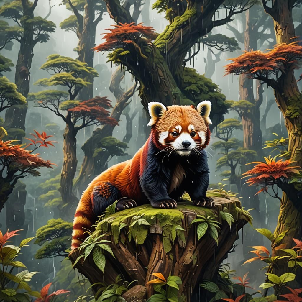 Giant Red Panda in Rainy Mountain Forest