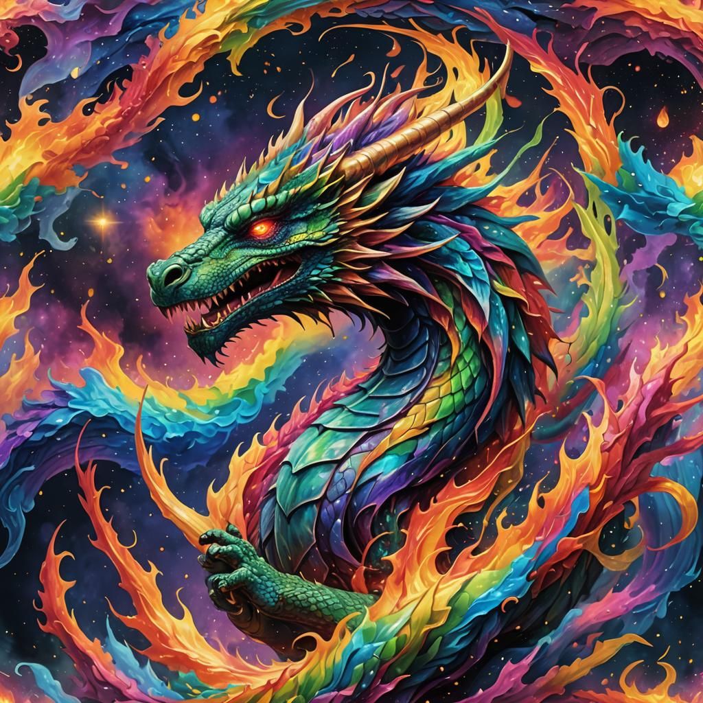Majestic Dragon Breathing Rainbow Flames in Astral Illustrat...
