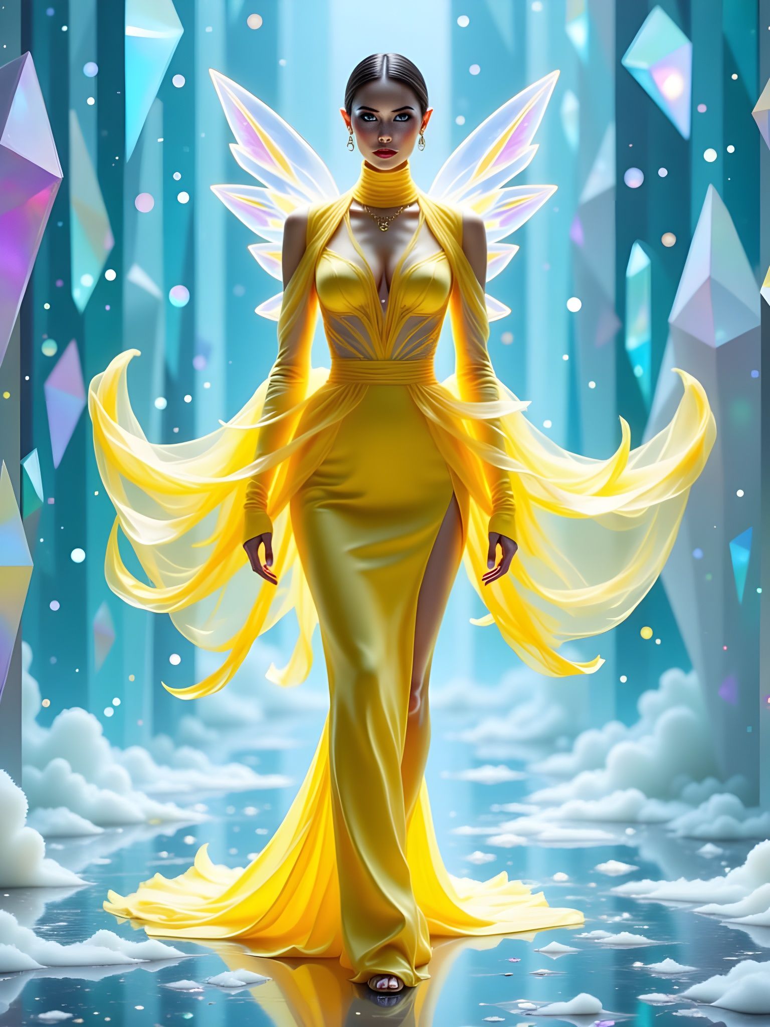 <lora:PandorasBox:1.0> A striking model standing before towering iridescent crystal panels that now shimmer with cool ic...