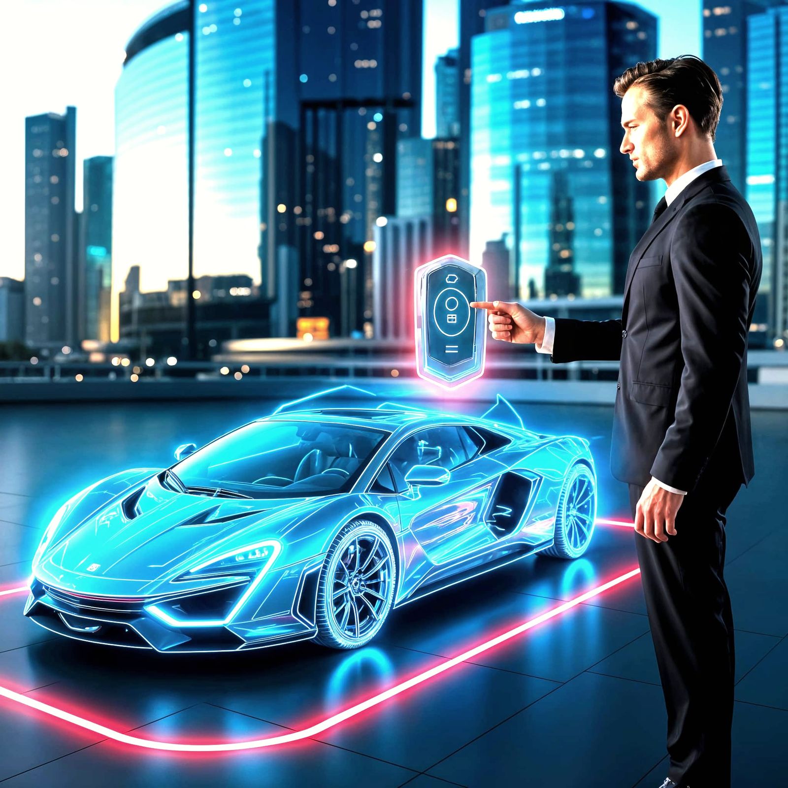 Holographic Car with Glowing Wireframe Energy