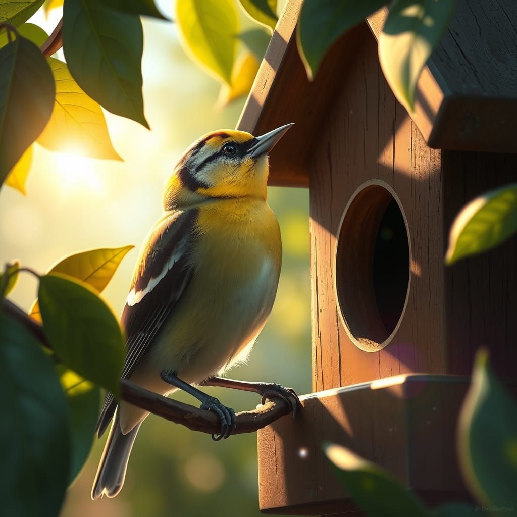 Finch Singing at Birdhouse: Hyperrealistic Oil Painting