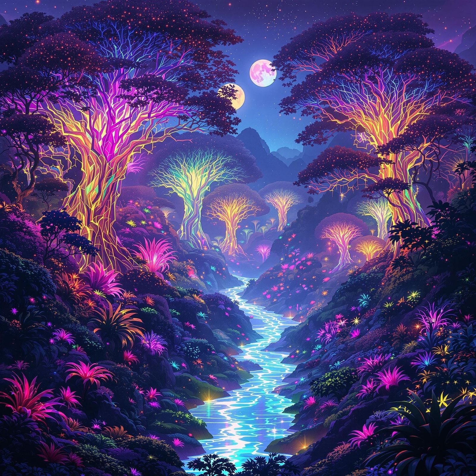 Ethereal Bioluminescent Jungle Paradise Under Twin Moons
