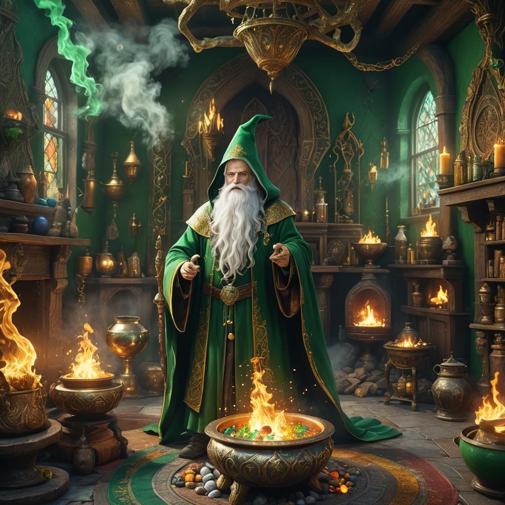 White-Haired Wizard in Green and Gold Wizard Room