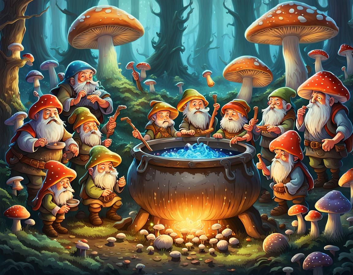 Dwarves Brewing Potions in a Mushroom Forest