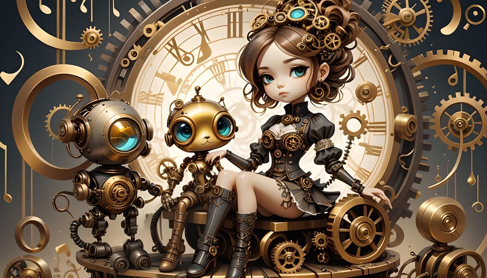 Steampunk Chibi with Robot, Surreal Digital Art