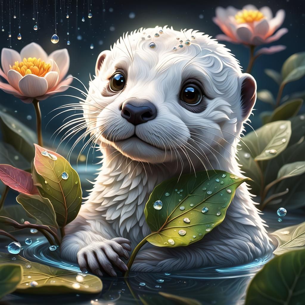 Cute White Otter Baby in Moonlight Spring