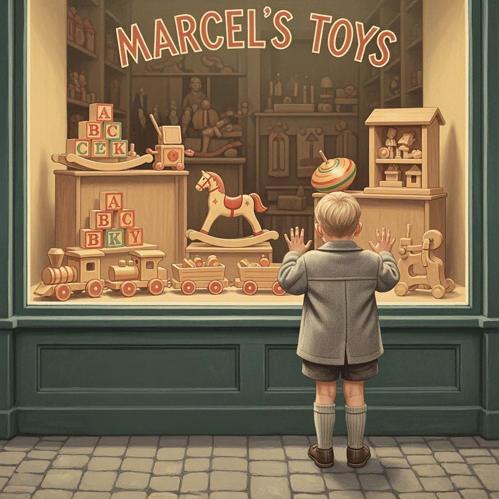 Marcel's Toys: 1950s Wooden Toy Shop Advertisement