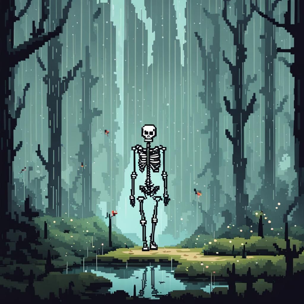 Pixel Art Skeleton Archer in Rainy Forest