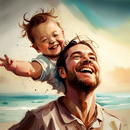 Father and Toddler Bonding on Sandy Beach