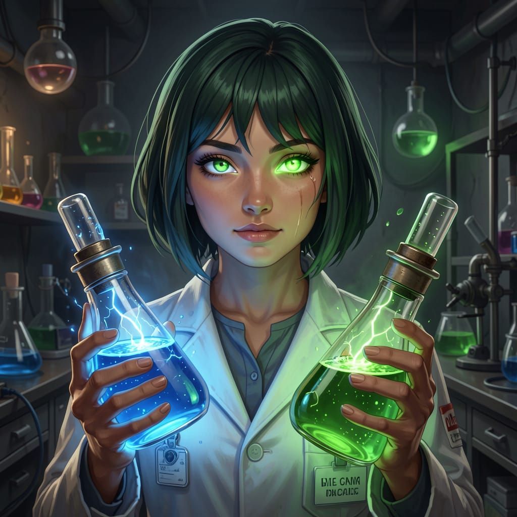 Scientist With Glowing Potions in Dark Lab