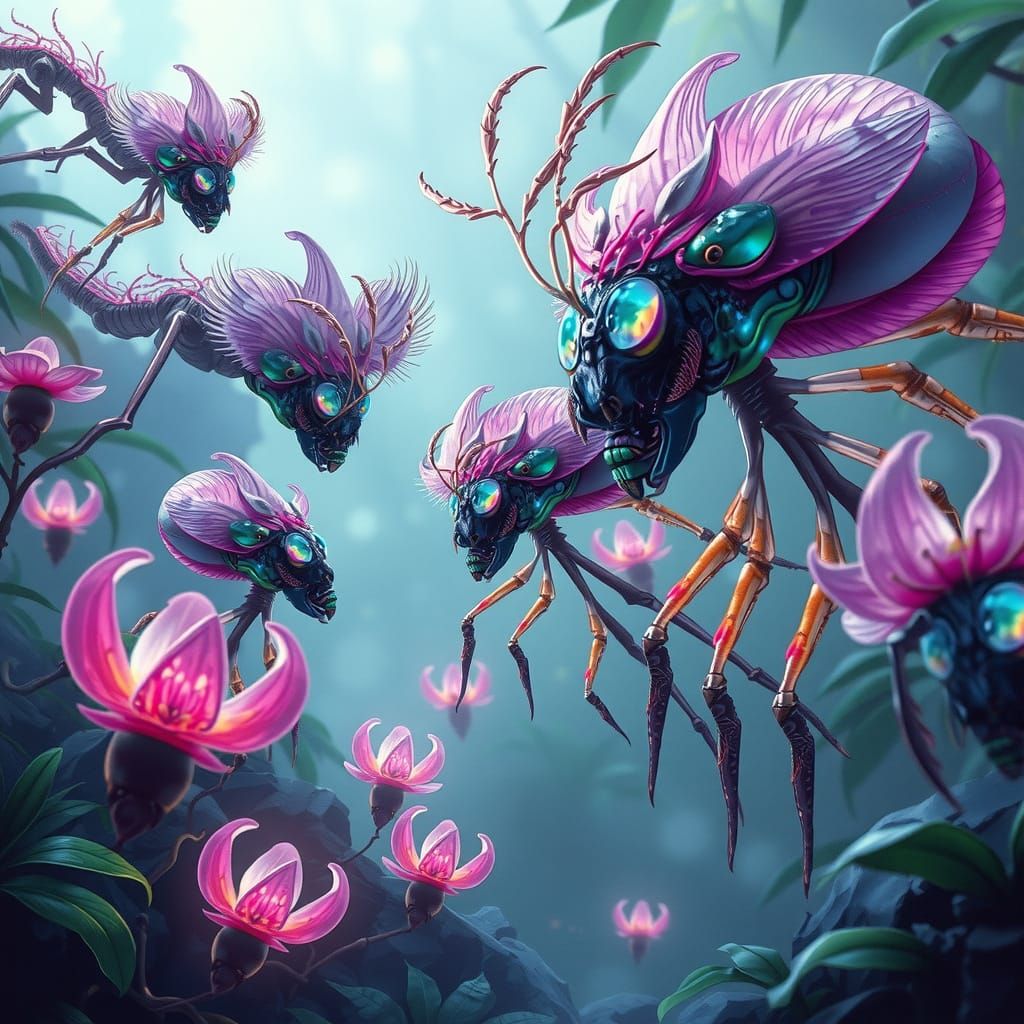 Iridescent Alien Beings with Mantis Shrimp Eyes and Orchid P...