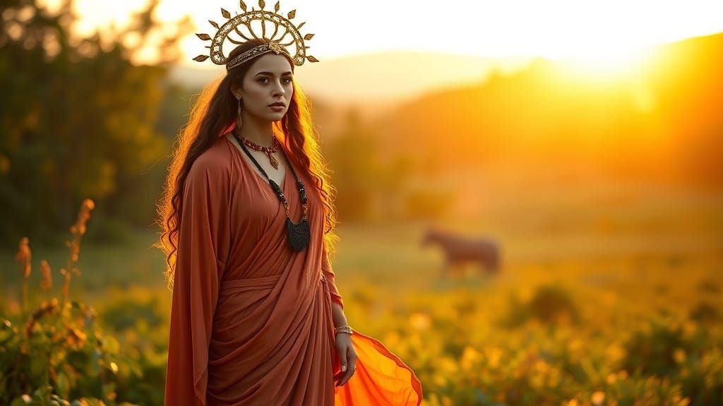 Elegant Goddess of Dawn in Vibrant Sunrise Landscape