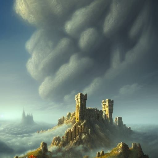 Castle Ruins Above Clouds with Aztec Engravings