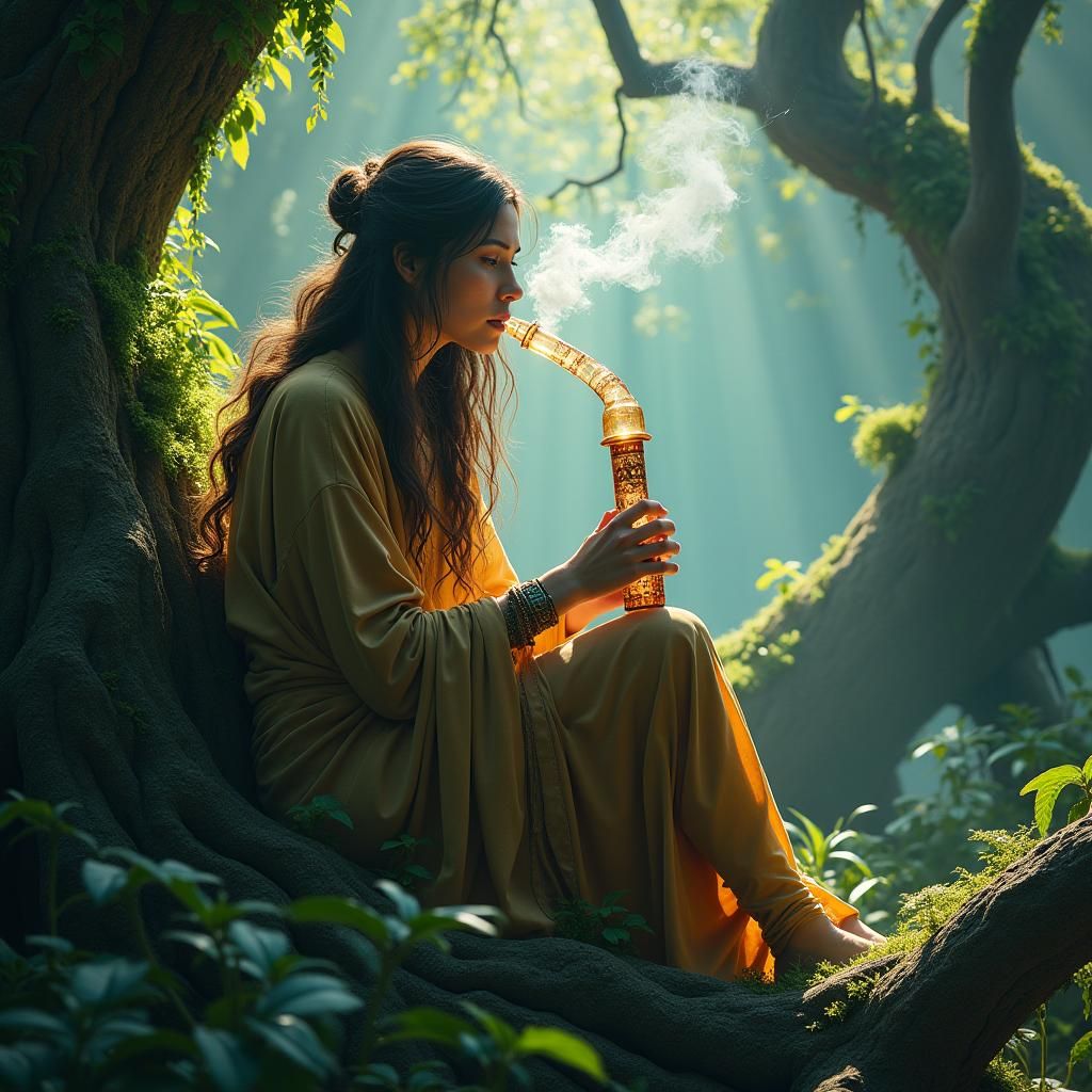 Ethereal Woman Smoking Pipe in Mystic Forest