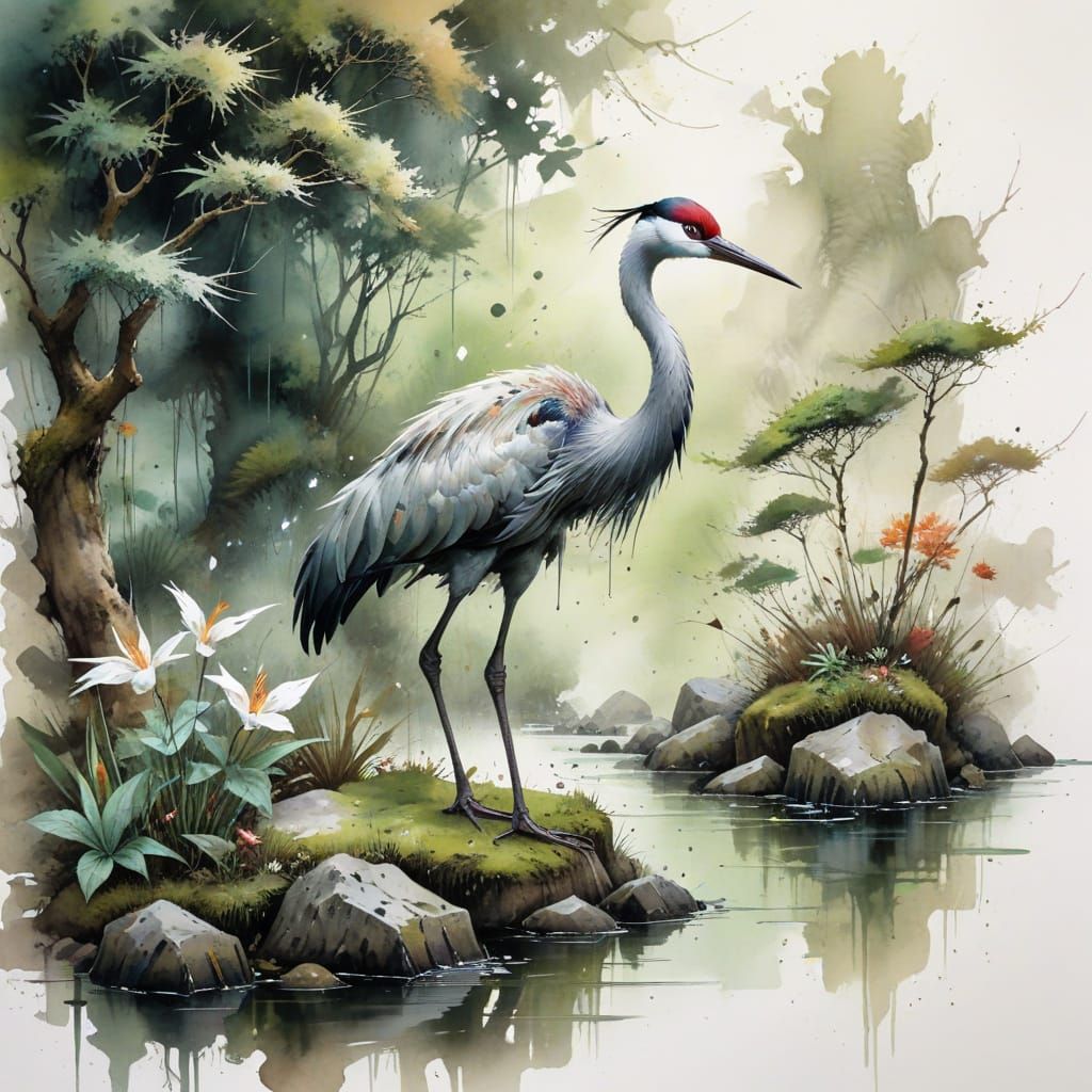 Zen Garden Crane in Watercolor Style