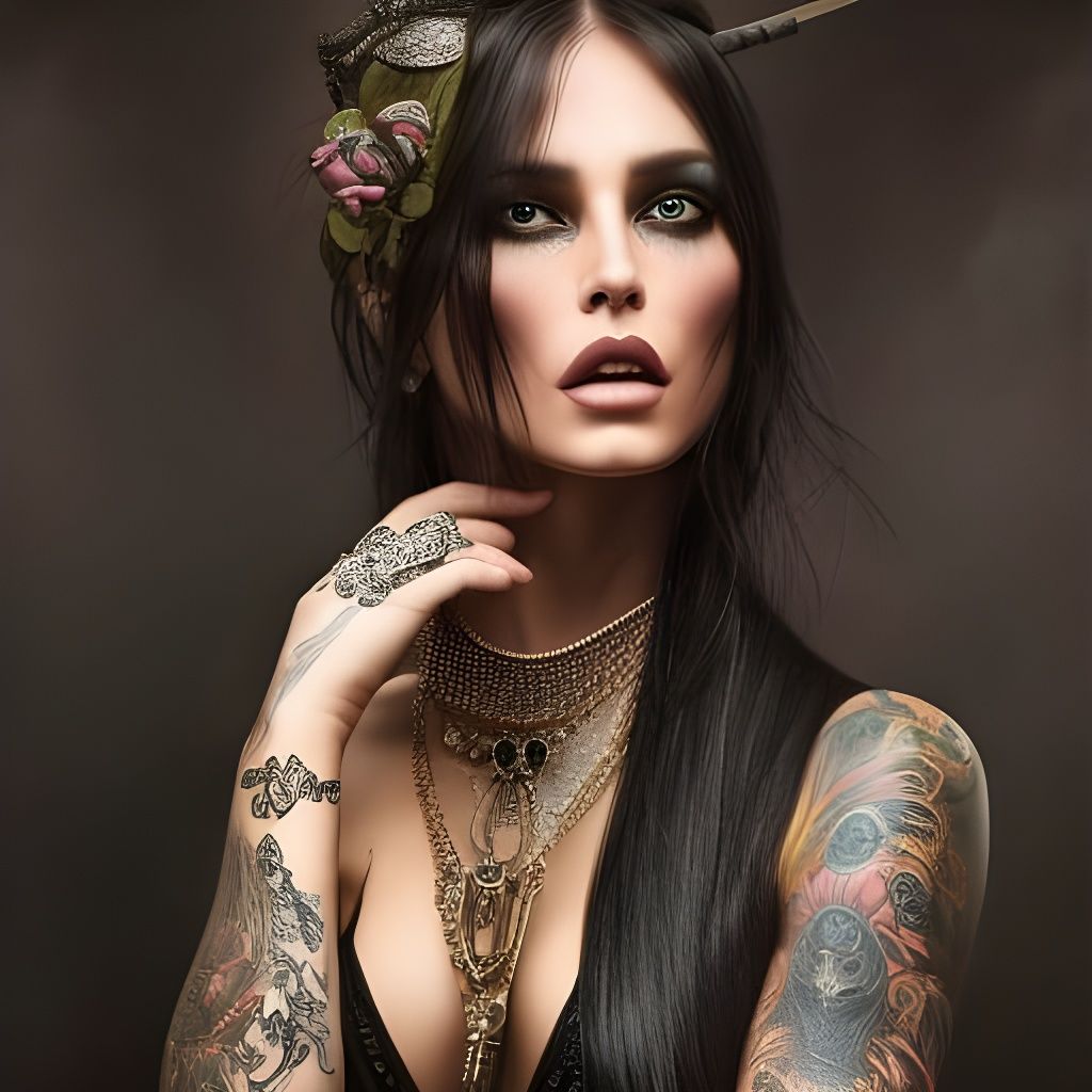 Brunette Neon Witch Portrait in Hyperreal Style