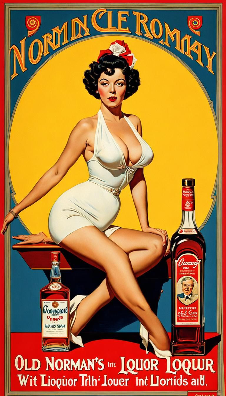 Old timey liquor advertisement with Norman Rockwell art.