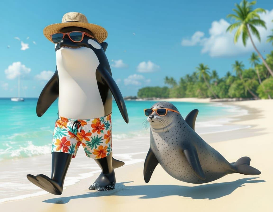 Orca and Seal Friends on Sunny Beach in Hawaiian Shorts
