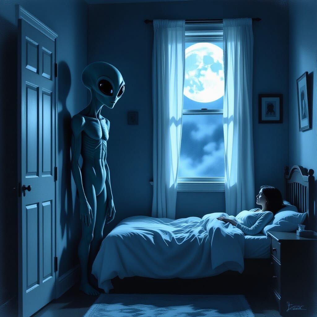 Eerie Encounter: Alien Watches Woman in Moonlit Room