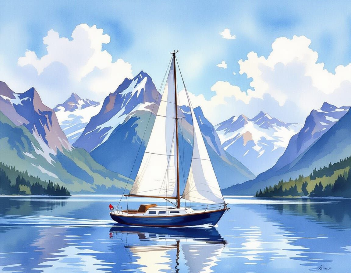 Sailboat on Calm Waters Before Majestic Mountains