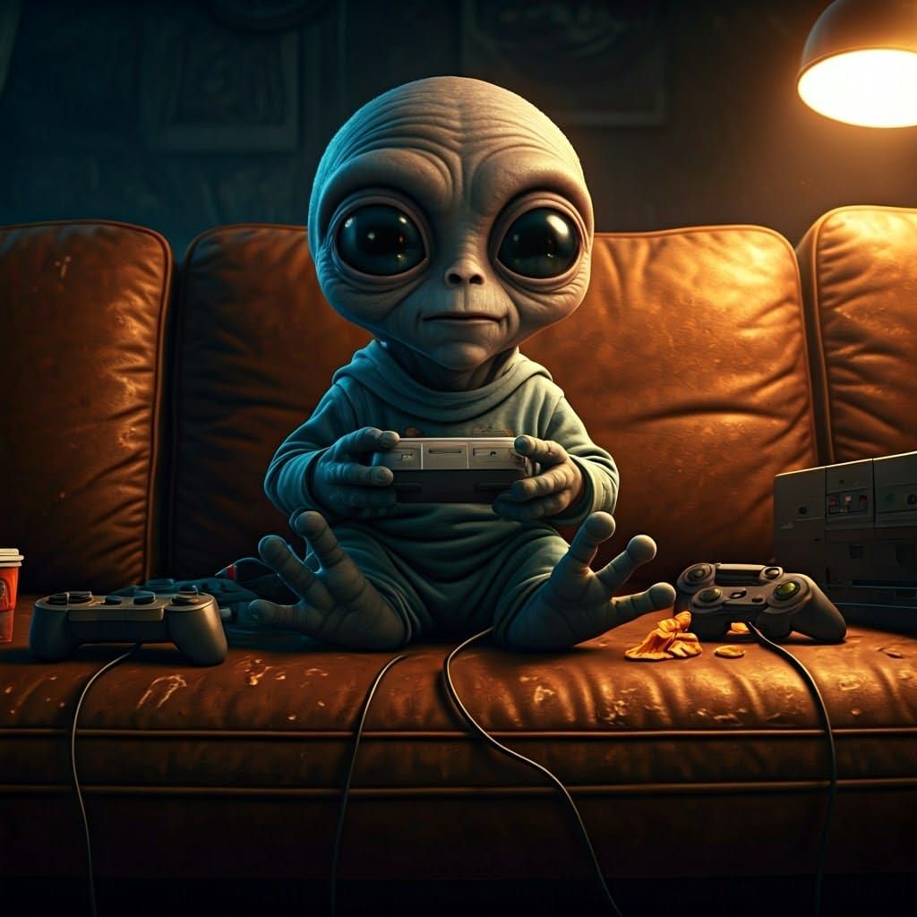 Extraterrestrial Gamer in Cozy Cinematic Setting