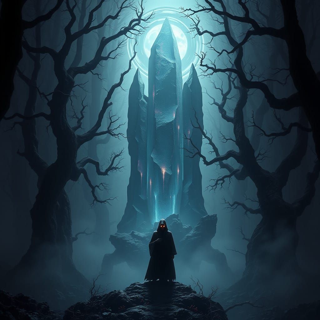 Ominous Figure Amidst Twisted Trees in Midnight Black Forest