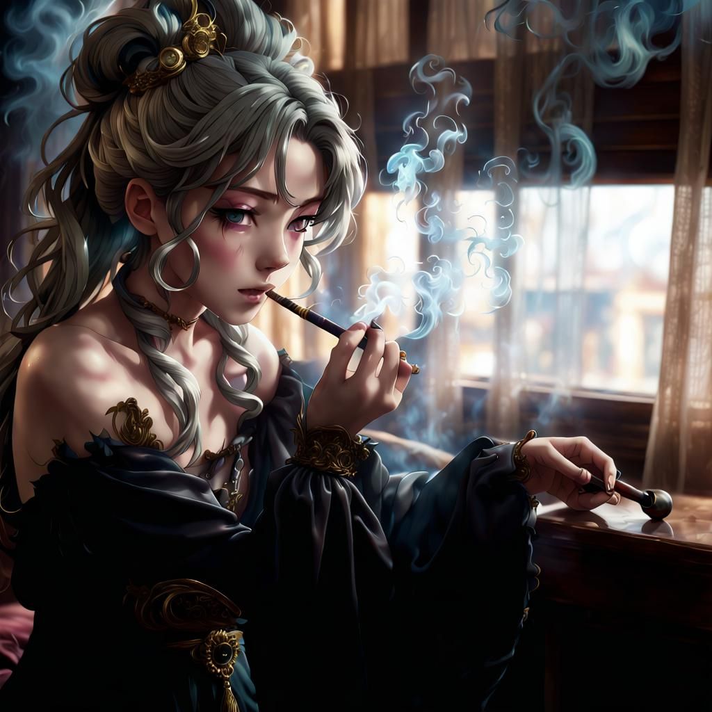 Kitten Courtesan Smoking Pipe in Moonlit Bordello