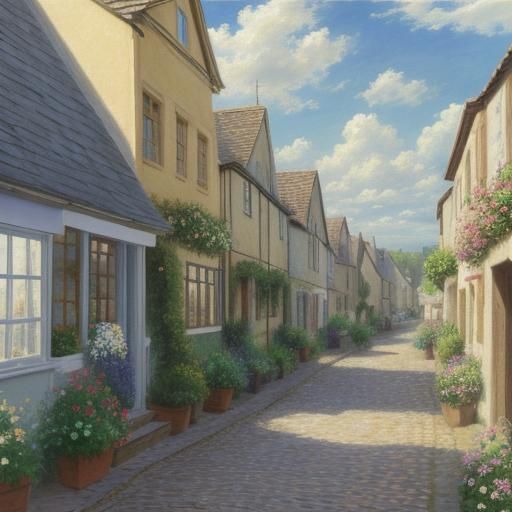 Quaint English Shop on Cobblestone Street, Watercolor