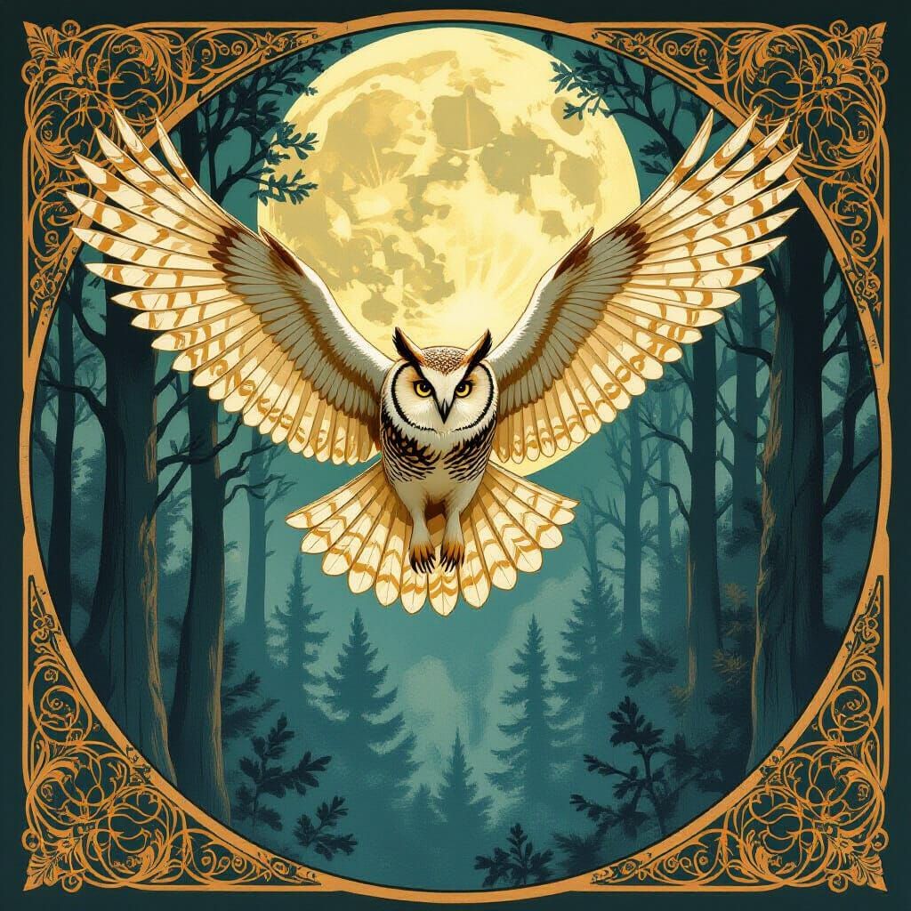 Art Nouveau Owl Soaring in Moonlit Forest