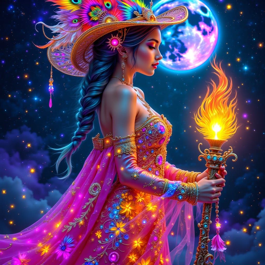 Mystical Woman in Neon Gown, Digital Fantasy Art