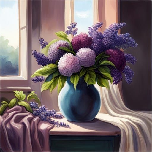 Floral Arrangement with Cat and Moonlit Sky