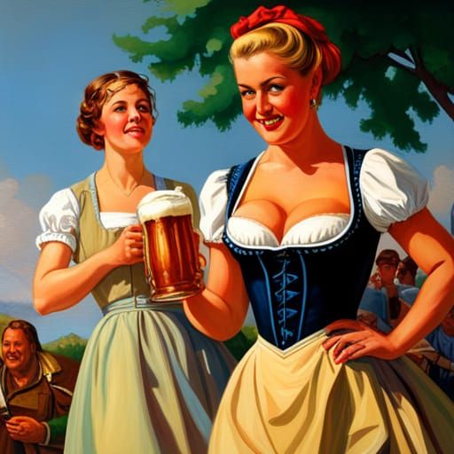 Oktoberfest Beer Garden Painting in Pin-Up Style